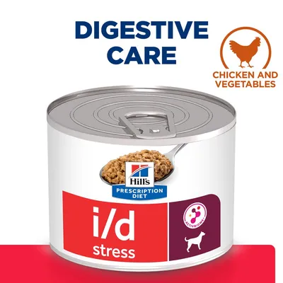 Hill's Prescription Diet i/d Stress can for dogs, Digestive Care, Chicken and Vegetables, ACTIVBIOME+ visible on label, image of food on spoon