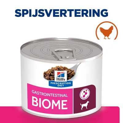 Hill's Prescription Diet Gastrointestinal Biome natvoer voor honden, tekst: SPIJSVERTERING, afbeelding van kip, ActivBiome+ icoon zichtbaar op het blik.