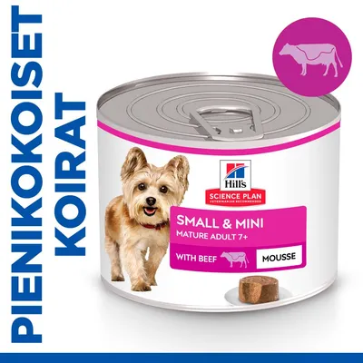 Hill's Science Plan Small & Mini Mature Adult 7+ with Beef Mousse -koiran märkäruoka, purkki ja annospala. Teksti: PIENIKOKOISET KOIRAT. Hill's Science Plan Small & Mini Mature Adult 7+ with Beef Mousse -koiran märkäruoka, purkki ja annospala. Teksti: PIENIKOKOISET KOIRAT.