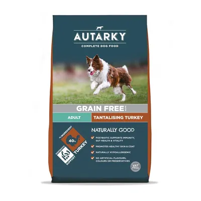 Grain free adult turkey dog food with 40% turkey, postbiotic for immunity, promotes healthy skin and coat, naturally hypoallergenic, no artificial flavours, colours or preservatives.