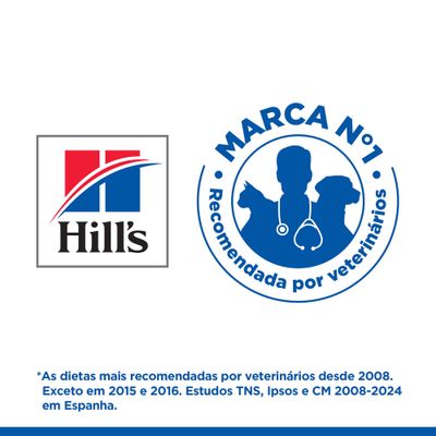 Hill's. MARCA N.º 1 recomendada por veterinários. As dietas mais recomendadas por veterinários desde 2008, exceto em 2015 e 2016. Estudos TNS, Ipsos e CM 2008-2024 em Espanha.