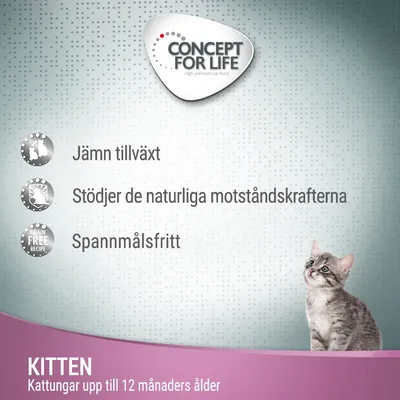 Concept for Life. Jämn tillväxt, Stödjer de naturliga motståndskrafterna, Spannmålsfritt. KITTEN Kattungar upp till 12 månaders ålder. Bild på kattunge.