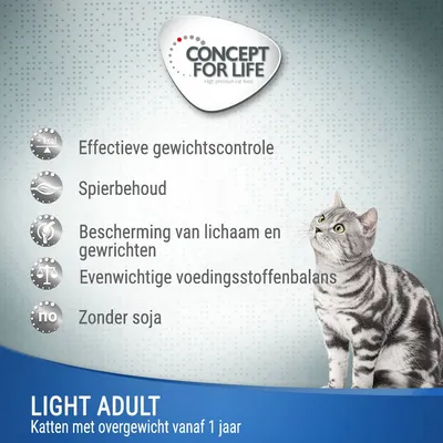 Concept for Life Light Adult kattenvoer. Effectieve gewichtscontrole, spierbehoud, bescherming van lichaam en gewrichten, evenwichtige voedingsstoffenbalans, zonder soja. Voor katten vanaf 1 jaar.