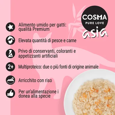 COSMA PURE LOVE asia. Alimento umido per gatti: qualità Premium, elevata quantità di pesce e carne, privo di conservanti, multiproteico, arricchito con riso, idoneo alla specie.