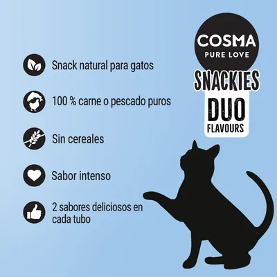 COSMA PURE LOVE SNACKIES DUO FLAVOURS. Snack natural para gatos, 100 % carne o pescado puros, sin cereales, sabor intenso, 2 sabores deliciosos en cada tubo.