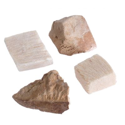 Quattro pezzi di snack per animali, forma irregolare, colore beige e marrone chiaro, senza confezione visibile né marchio.