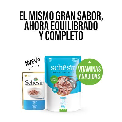 Schesir Complete Nutrition, filetes de atún en caldo, 6x85g, filetes 100% naturales, con vitaminas añadidas. Para gatos adultos.