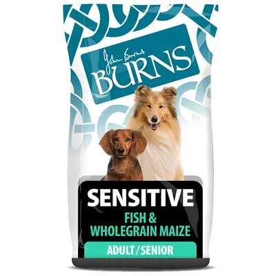 Burns SENSITIVE Fish & Wholegrain Maize Adult/Senior hundefoder, billede af to hunde på posen