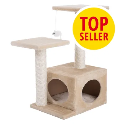Škrabadlo pro kočky s dvěma plošinami, sisalovými sloupky, plyšovou kostkou a zavěšenou hračkou. Žlutý kruh s červeným textem: TOP SELLER.