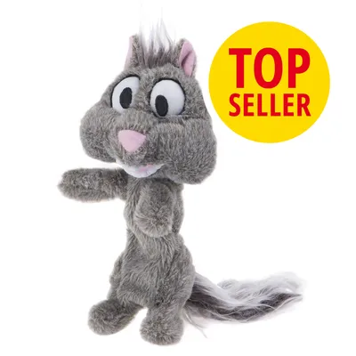 Plyšová hračka ve tvaru šedé veverky s nápisem TOP SELLER na žlutém kruhu v pravé horní části obrázku.