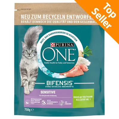 Purina ONE Bifensis Sensitive, 750g, alimento per gatti. Testo visibile in tedesco e inglese. Top Seller evidenziato in arancione nell'angolo superiore destro. Purina ONE Bifensis Sensitive, 750g, alimento per gatti. Testo visibile in tedesco e inglese. Top Seller evidenziato in arancione nell'angolo superiore destro.