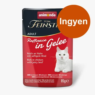 animonda Vom Feinsten Adult Raffinesse in Gelee macskaeledel, 85 g. Ingyen felirat látható a csomagoláson.