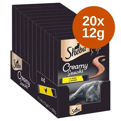 Sheba Creamy Snacks mit Huhn, 20×12 g, dobozban, csomagoláson macska képe és krémes snack ábrája látható.