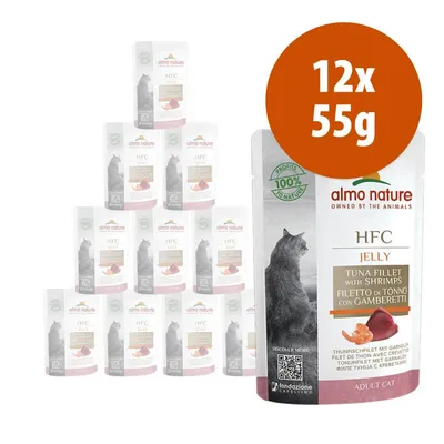 almo nature HFC Jelly Filetto di tonno con gamberetti per gatto adulto, confezione 12x55g, visibile scritta '100% profitti a favore degli animali'