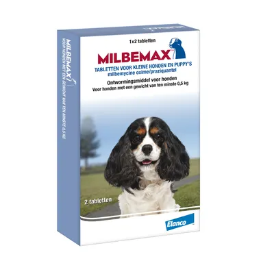 Milbemax tabletten voor kleine honden en puppy's, ontwormingsmiddel met milbemycine oxime/praziquantel, 2 tabletten, voor honden vanaf 0,5 kg. Merk: Elanco.