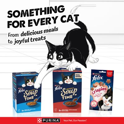 Felix Original Soup Time cu cod, ton, vită, pui, miel și Felix Crispies somon & păstrăv. Purina. Pentru fiecare pisică: de la mese la gustări.
