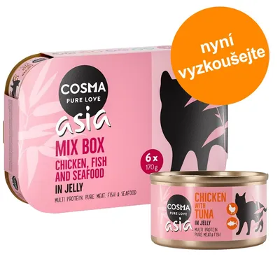 COSMA PURE LOVE asia MIX BOX CHICKEN, FISH AND SEAFOOD IN JELLY, 6×170g. Kuře s tuňákem v želé. Oranžový kruh: nyní vyzkoušejte.