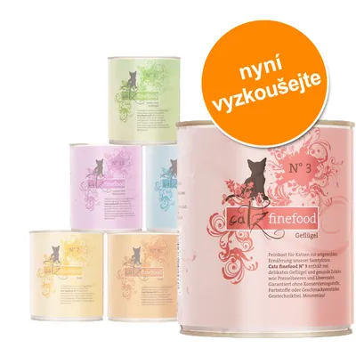 Různé konzervy Catz finefood s viditelnými čísly N° 3, N° 5, N° 7, N° 9, N° 11 a nápisem „nyní vyzkoušejte“ v oranžovém kruhu.