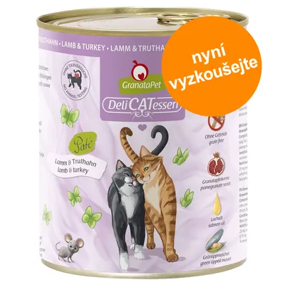 Konzerva GranataPet DeliCATessen Paté Lamm & Truthahn, ilustrace dvou koček, text: nyní vyzkoušejte, bez obilovin, granátová jablka, lososový olej, zelená mušle, bez testování na zvířatech Konzerva GranataPet DeliCATessen Paté Lamm & Truthahn, ilustrace dvou koček, text: nyní vyzkoušejte, bez obilovin, granátová jablka, lososový olej, zelená mušle, bez testování na zvířatech