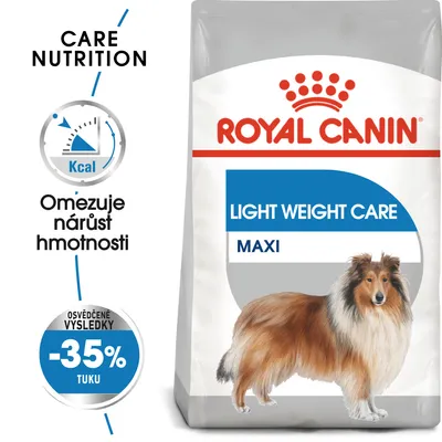 ROYAL CANIN LIGHT WEIGHT CARE MAXI, omezuje nárůst hmotnosti, osvědčené výsledky -35 % tuku, balení s obrázkem psa