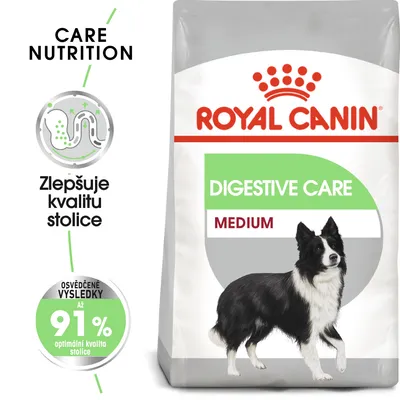 ROYAL CANIN DIGESTIVE CARE MEDIUM, Zlepšuje kvalitu stolice, Osvědčené výsledky až 91 % optimální kvalita stolice, obrázek psa na obalu ROYAL CANIN DIGESTIVE CARE MEDIUM, Zlepšuje kvalitu stolice, Osvědčené výsledky až 91 % optimální kvalita stolice, obrázek psa na obalu