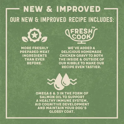 New and improved recipe with more freshly prepared meat, homemade chicken gravy inside and outside the kibble, and omega 6 and 3 from salmon oil for immune system and glossy coat.