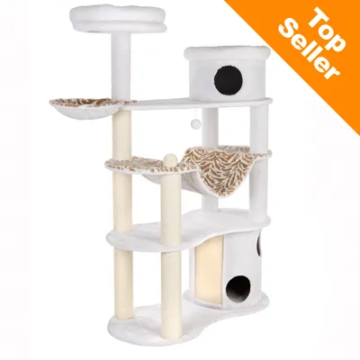 Tiragraffi bianco a più livelli con colonne in sisal, amache e cuccia. Angolo arancione in alto a destra con testo: Top Seller.