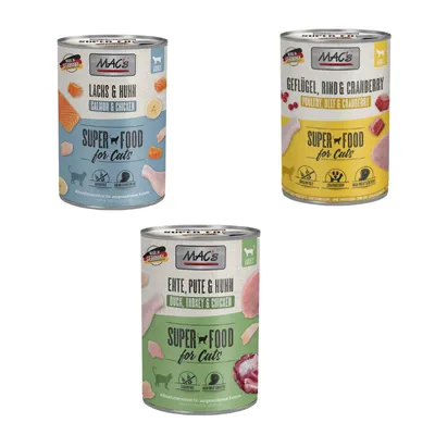 MAC´s Kombi-Paket 18 x 400 g Nassfutter - 6 x 400 g Pute, Rind & Heidelbeeren + 6 x 400 g Ente, Pute, Huhn + 6 x 400 g Kalb & Pute