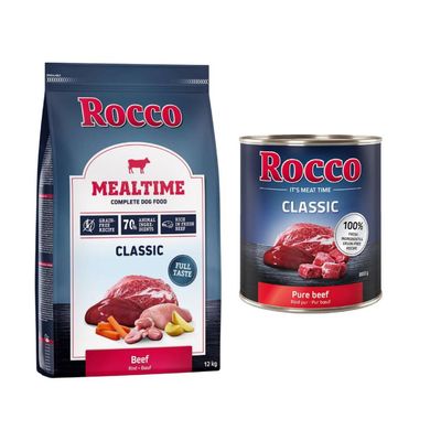 Rocco Kombi-Paket: Mealtime Trockenfutter + Classic Nassfutter 12 kg Rind + 24 x 800 g Rind pur