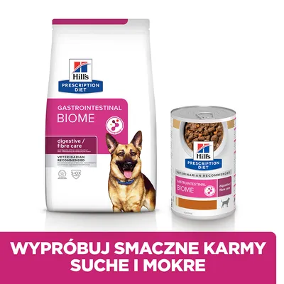 Hill's Prescription Diet Gastrointestinal Biome dla psów, opakowanie suchej i mokrej karmy. Napis: Wypróbuj smaczne karmy suche i mokre.