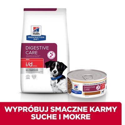 Hill's Prescription Diet Digestive Care i/d stress dla psów, opakowanie suchej karmy MINI oraz puszka mokrej karmy. Widoczny napis: Wypróbuj smaczne karmy suche i mokre.