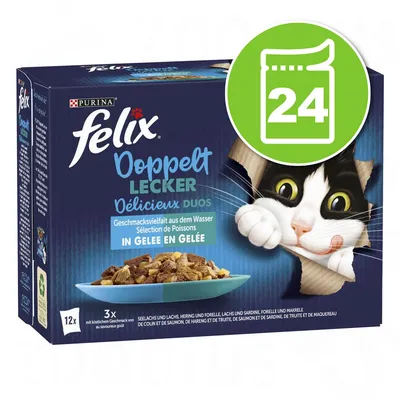 Boîte Purina Felix Délicieux Duos Sélection de Poissons en gelée, 24 sachets. Texte visible en allemand et français. Illustration d’un chat noir et blanc sur l’emballage. Boîte Purina Felix Délicieux Duos Sélection de Poissons en gelée, 24 sachets. Texte visible en allemand et français. Illustration d’un chat noir et blanc sur l’emballage.