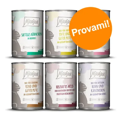 6 lattine MjAMjAM per gatti con testi in tedesco, gusti visibili: pollo, anatra e tacchino, manzo e tacchino, selvaggina e coniglio, pollo e coniglio. Bollino arancione: Provami!