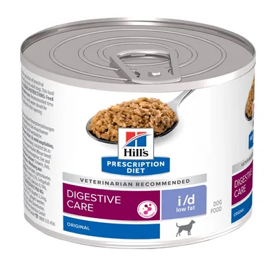 Hill's Prescription Diet Digestive Care i/d low fat, original, hrana za pse u konzervi, vidljiv tekst: VETERINARIAN RECOMMENDED, DOG FOOD, slika hrane na žlici, silueta psa.