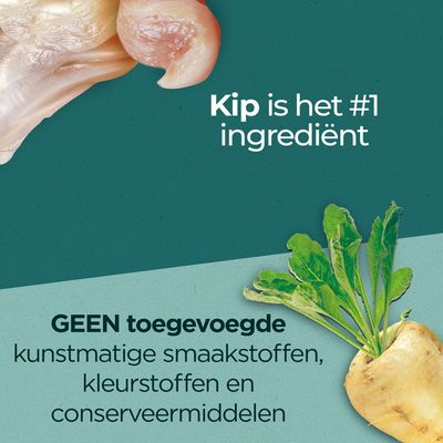 Kip is het #1 ingrediënt. GEEN toegevoegde kunstmatige smaakstoffen, kleurstoffen en conserveermiddelen.