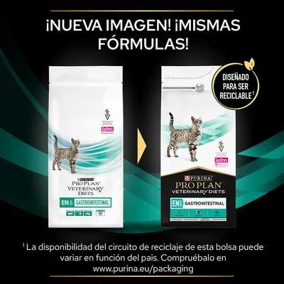 Comparativa de envases de Purina Pro Plan Veterinary Diets EN Gastrointestinal para gatos. Texto: ¡Nueva imagen! ¡Mismas fórmulas! Diseñado para ser reciclable.