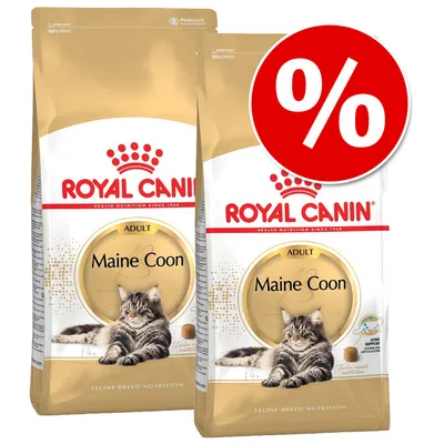 Zwei Beutel Royal Canin Adult Maine Coon Katzenfutter mit rotem Prozentzeichen für Rabattaktion.