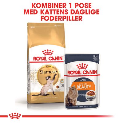 Royal Canin ADULT Siamese kattefoder, tekst: BREED NUTRITION, Skræddersyet foderpille, Slank muskuløs krop. Billede af foderpille og siameserkat på posen.