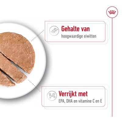 Gehalte van hoogwaardige eiwitten. Verrijkt met EPA, DHA en vitamine C en E.