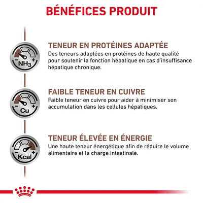 BÉNÉFICES PRODUIT : teneur en protéines adaptée, faible teneur en cuivre, teneur élevée en énergie. Explications détaillées sur chaque bénéfice visibles dans l’image.