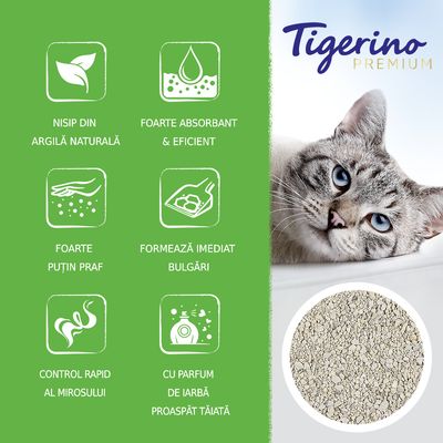 Tigerino Premium. Nisip din argilă naturală, foarte absorbant și eficient, foarte puțin praf, formează imediat bulgări, control rapid al mirosului, cu parfum de iarbă proaspăt tăiată.