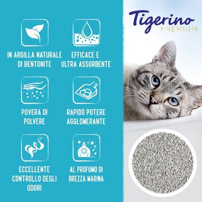 Tigerino Premium. In argilla naturale di bentonite, efficace e ultra assorbente, povera di polvere, rapido potere agglomerante, eccellente controllo odori, profumo brezza marina.
