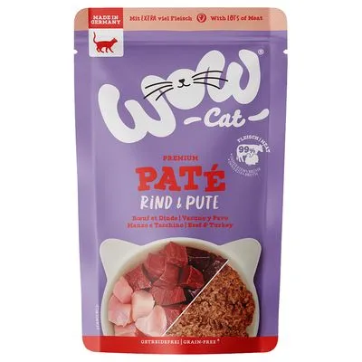 wow Cat Premium Paté Rind & Pute, rund en kalkoen, 100% vlees, graanvrij, Made in Germany, afbeelding van vlees en paté in een kom op de verpakking.