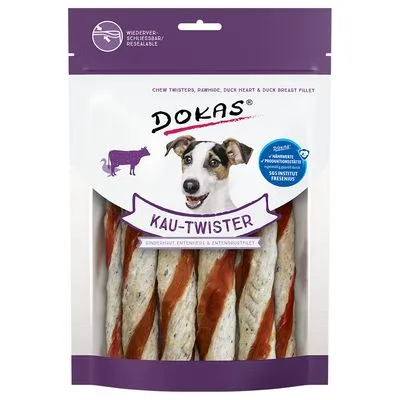 DOKAS Kau-Twister hondensnack in hersluitbare verpakking, zichtbaar: gedraaide kauwsticks met rundhuid, eendenhart en eendenborstfilet. Tekst: zonder toevoegingen, SGS getest.