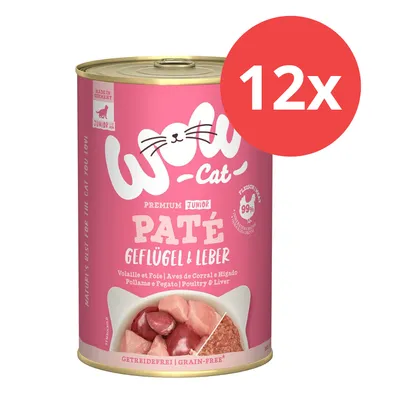 Wol Cat Premium Junior Paté Geflügel & Leber, 12x. Widoczna puszka z napisem: 99 % mięsa i podrobów, bez zbóż. Smak: drób i wątróbka. Opakowanie zbiorcze.