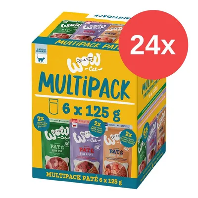 Multipack Wow Cat paté para gatos, 6 sobres de 125 g. Variedades: pollo, ternera y pato, atún y salmón. Paquete con etiqueta roja que indica 24x. Made in Germany visible.