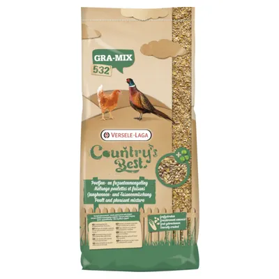 Versele-Laga Country's Best GRA-MIX 532, coarse mix for young hens and pheasants, illustration of chicken and pheasant on the packaging. Versele-Laga Country's Best GRA-MIX 532, coarse mix for young hens and pheasants, illustration of chicken and pheasant on the packaging.