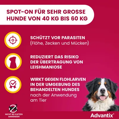 Spot-on für sehr große Hunde 40-60 kg. Schützt vor Parasiten, reduziert Risiko der Leishmaniose-Übertragung, wirkt gegen Flohlarven. Nicht bei Katzen anwenden. Advantix.