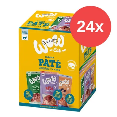 WOW Cat Premium Paté multipack, 24x125g, Made in Germany, con mucha carne, sin cereales. Variedades: pollo, ternera y pavo, salmón y mariscos.