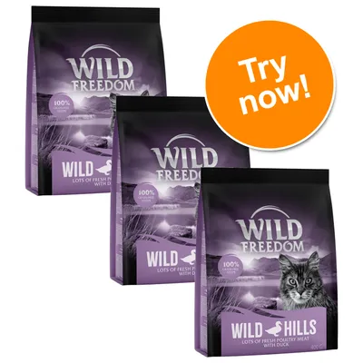 Wild Freedom Wild Hills cat food, 400g bags, lots of fresh poultry meat with duck, 100% grain-free. Orange badge reads: Try now!